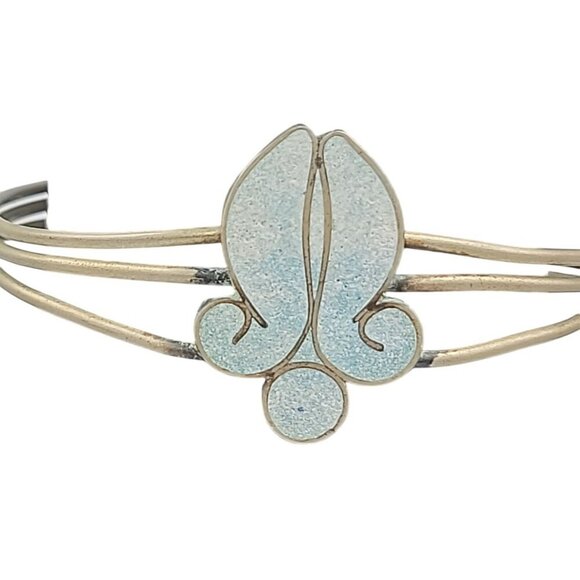 Fleur-de-lis Open Bangle Bracelet Hencho Mexico Inlaid Turquoise VTG SilverTone - Picture 4 of 10